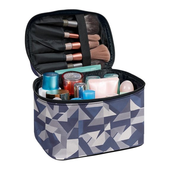 FUIALDOLG Polyester Cosmetic Bag with Zipper, Blue Gray Geometric Camo Portable Cosmetic Case for Home Vacation