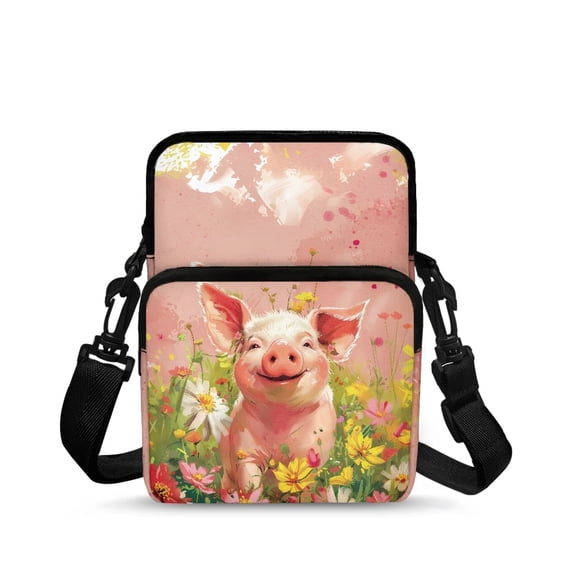 FUIALDOLG Polyester Crossbody Bags Leakproof Zipper Double Deck Cell Phone Bags for Hiking and Travel, Smiling Pig Floral Print Crossbody Bags