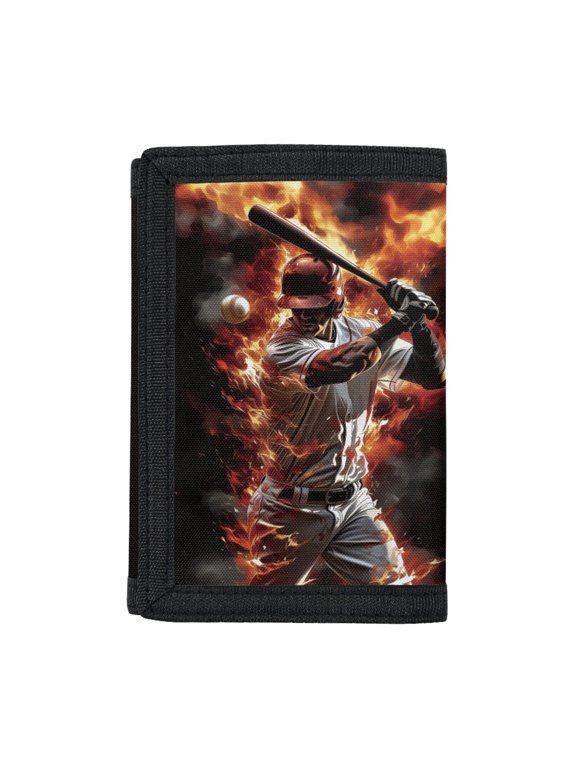 Polyester Fabric Children's Trifold Wallet with Magic Stiker Closure, Youth Wallet for Sports and School, Fire Baseball Batter Trifold Pouch
