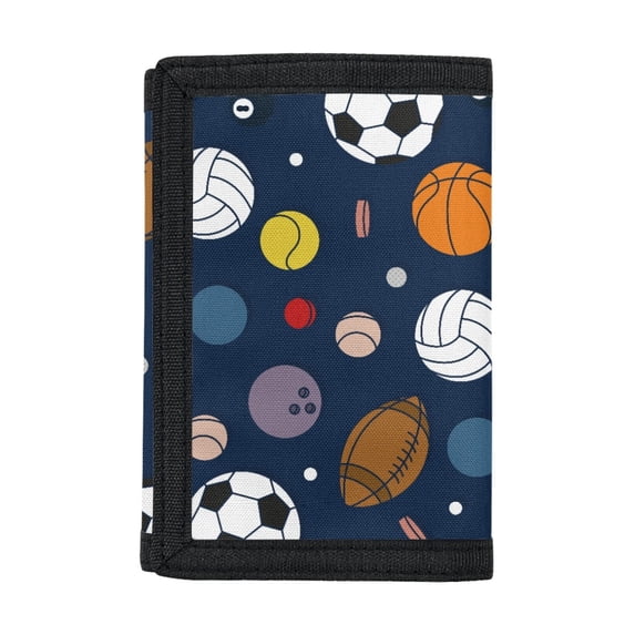 FUIALDOLG Polyester Fabric Children's Trifold Wallet with Magic Sticker Closure, Mixed Sports Balls Youth Wallet for Outdoor Sports