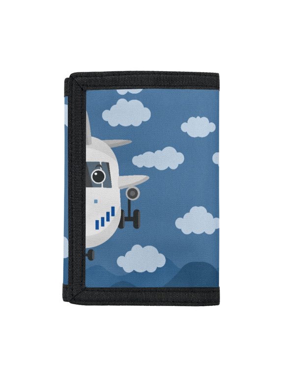 Polyester Fabric Toddler Wallet with Magic Sticker Closure, Trifold Purse for Outdoor, Cartoon Airplane Clouds Compact Pouch