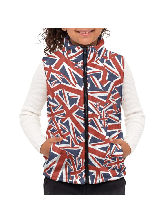 Polyester Kids Polar Fleece Vest Jacket with Zip Up Sleeveless Children's blanket warm vest for Winter, UK Union Jack Pattern Kids Fleece Vest