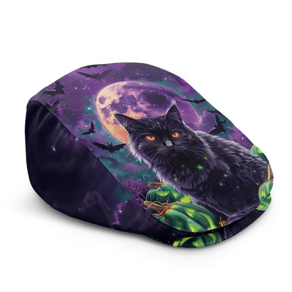 FUIALDOLG Polyester Newsboy Hat for Hunting Outdoor Walking, Adjustable Retro Flat Cap, Halloween Black Cat Pattern
