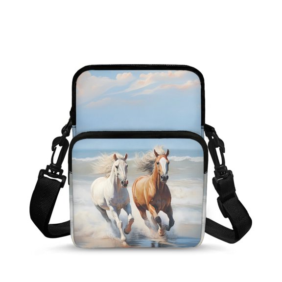 FUIALDOLG Polyester Shoulder Purse 2 Layer with Zipper Crossbody Purse for Travel, Running Horses Pattern Crossbody Bag