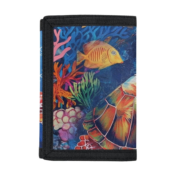 FUIALDOLG Polyester Trifold Card Holder with Lightweight Portable Children's Wallet for Outdoor, Sea Turtle Underwater Art Kids Trifold Wallet