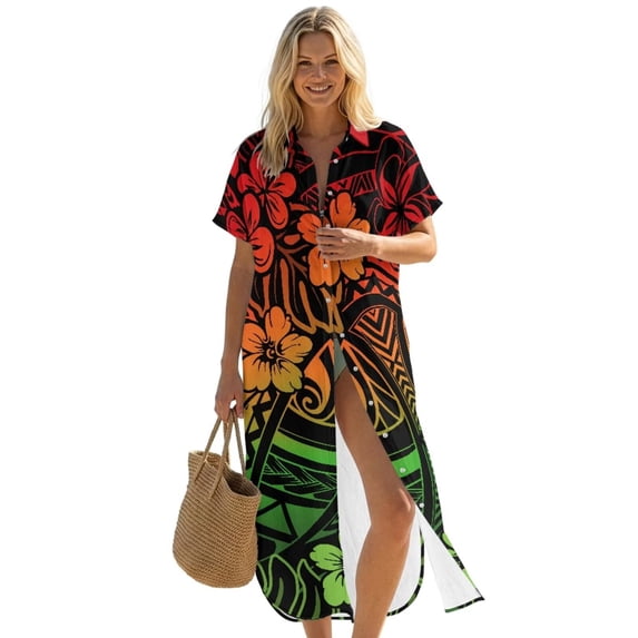 FUIALDOLG Polynesian Flowers Womens Swimsuit Coverup Long Maxi Button Down Summer Beach Bikini Bathing Suit Cover Up Dress