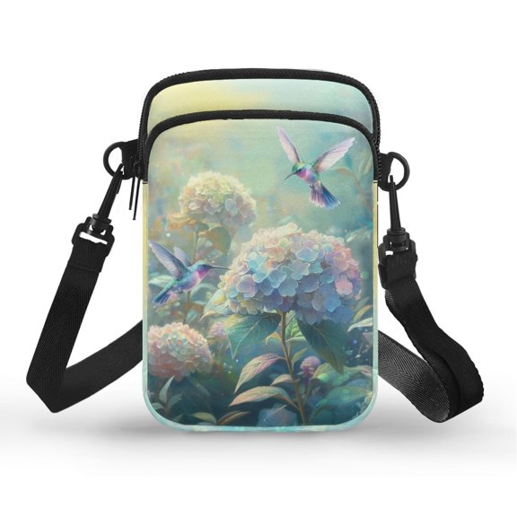FUIALDOLG Portable Cell Phone Purse for Travel Daily Use, Polyester 2 Layer Crossbody Bag, Hydrangea Hummingbird Print
