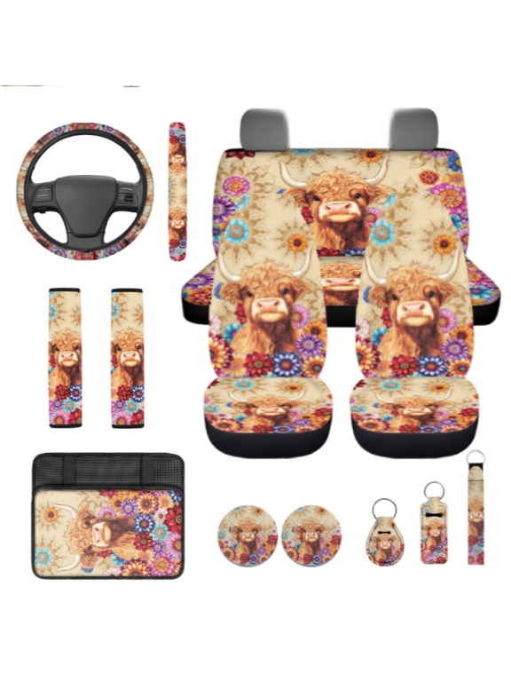 Protective Auto Accessories, with Car Steering Wheel Cover Auto Cup Coaster Key Fob, Highland Cow Washable 14 PCS Auto Decor