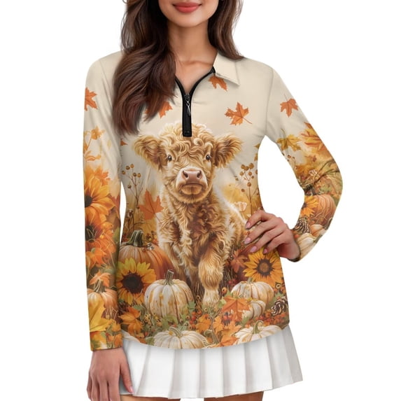 FUIALDOLG Pumpkin Highland Cow Quick Dry Women's Golf Shirt Collared Long Sleeve 1/4 Zip Tennis Shirts for Women Tank Top Polo Pickleball Outfits for Golfing Tennis Workout,L
