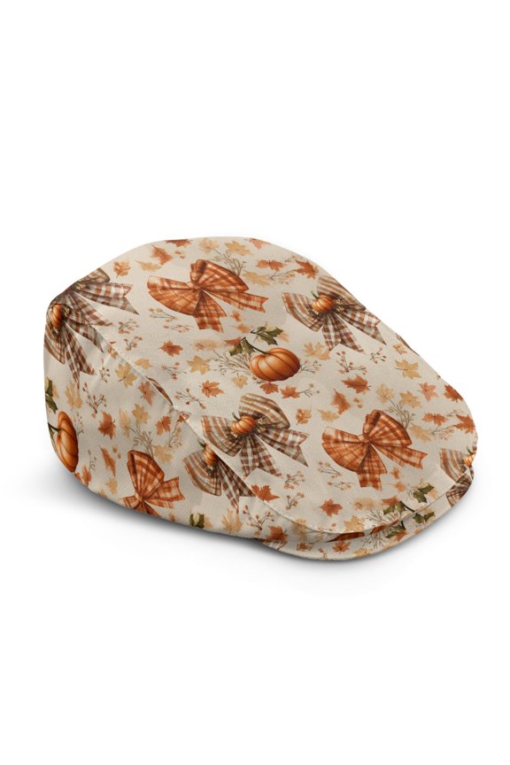 Pumpkin Plaid Bow Pattern Polyester Newsboy Cap with Light, Soft Adjustable Flat Cap for Camping Golf Driving