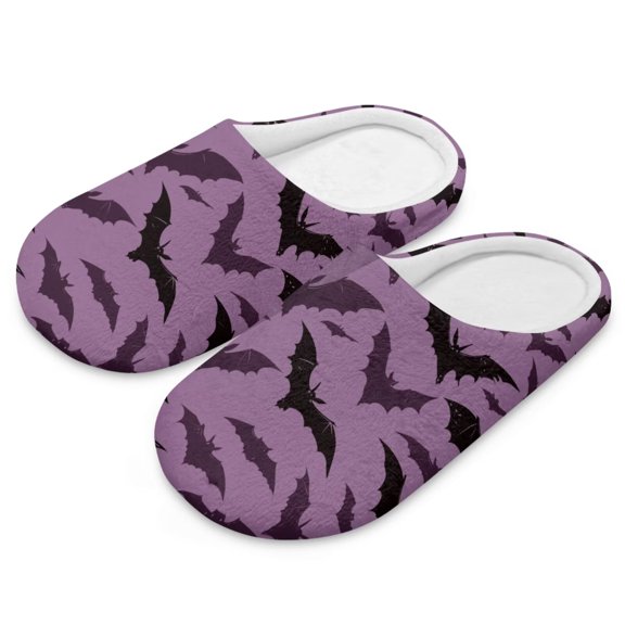 FUIALDOLG Purple Bats Halloween House Slippers for Women Indoor Closed Toe Womens House Slippers Winter Cotton Shoes Breathable Home Soft Outsole, Size 9-10