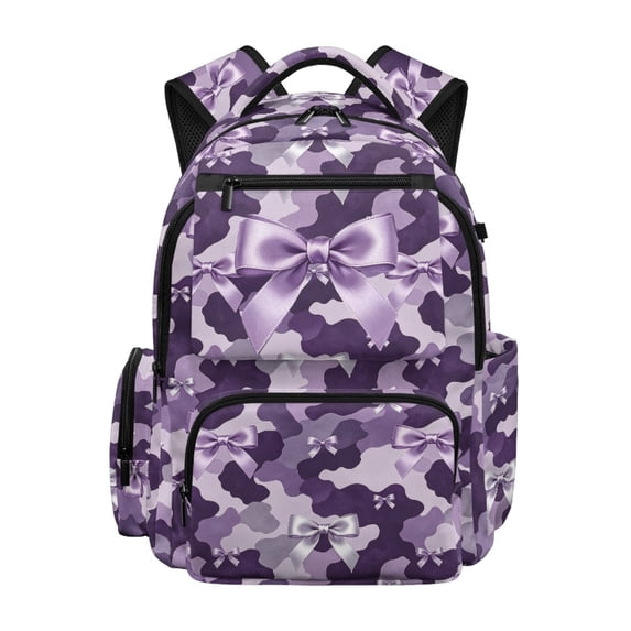 FUIALDOLG Purple Camo Bow Print Kids 17 Inch Backpack with Multiple Compartments, Durable 600D Polyester Bookbag for Preschool and Elementary Daily Use