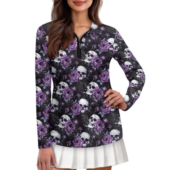 FUIALDOLG Purple Floral Skull Halloween Funny Print Women's Long Sleeve Shirt Moisture Wicking Quick Dry Golf Tennis Sports Shirts Tops Slim Fit Straight Blouses for Holiday,L