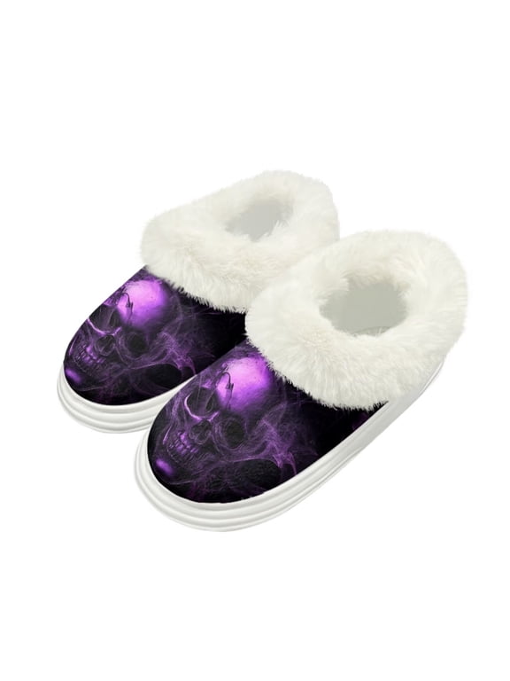 Purple Gothic Skull Print Warm House Slippers for Women Comfy Fleece Lined Fuzzy Slippers with Thick Sole for Indoor Outdoor, Size 4-5