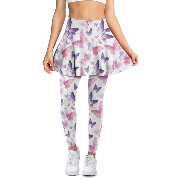 FUIALDOLG Purple Pink Butterflies Leggings Women's Butterfly Tennis Skirted Leggings with Pockets Pleated Skirts with Legging Golf Pants Casual Full Length Trousers for Sports,Size XS