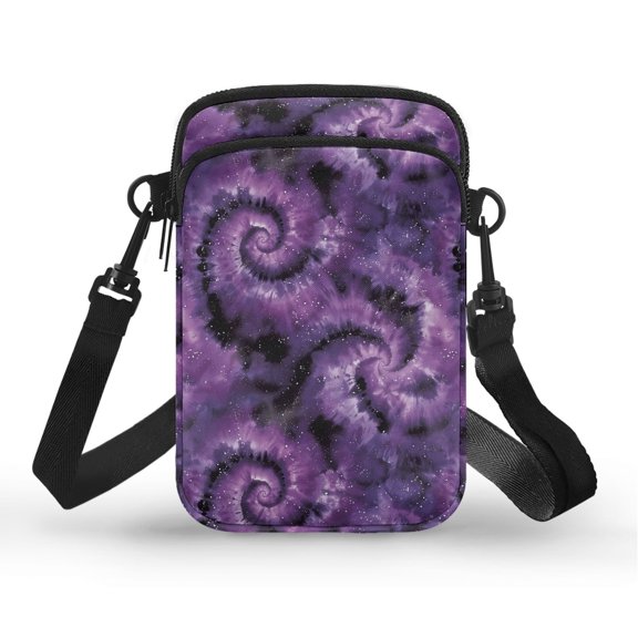 FUIALDOLG Purple Tie Dye Decoration Cell Phone Purse, 2 Layer Crossbody Bag 2 Layers Mini Purse for Hiking Running