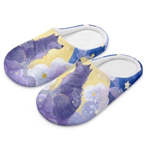 FUIALDOLG Purple Wolf Moon Print Closed Toe House Slippers for Woman Men Soft Cotton Indoor Shoes Memory Foam Slip On Bedroom Slippers, Size 6-7
