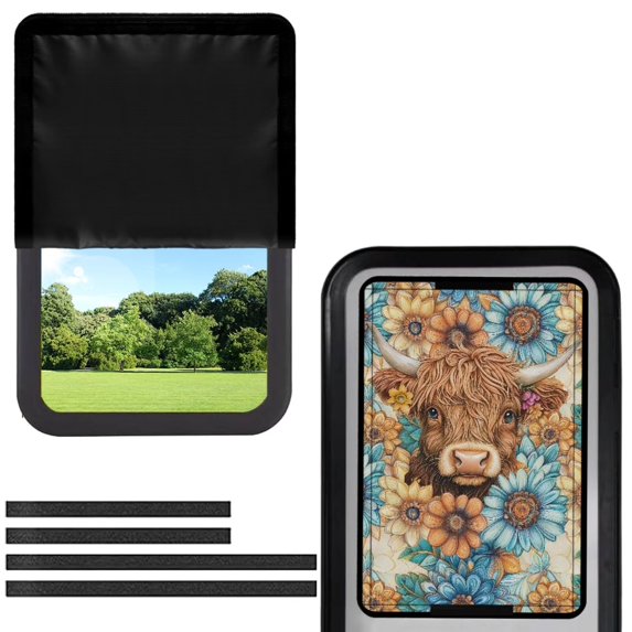 FUIALDOLG RV Door Window Shade Cover, Sun Blackout Fabric for UV Rays Protection for Camper Privacy Entrance, Brown Highland Cow Blossom (17.3x26 inch)