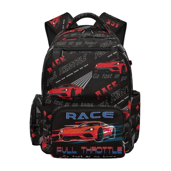FUIALDOLG Racing Car Print Multiple Zipper Pockets Bookbag for School Casual, Lightweight Padded Adjustable Straps 600D Polyester School Backpack
