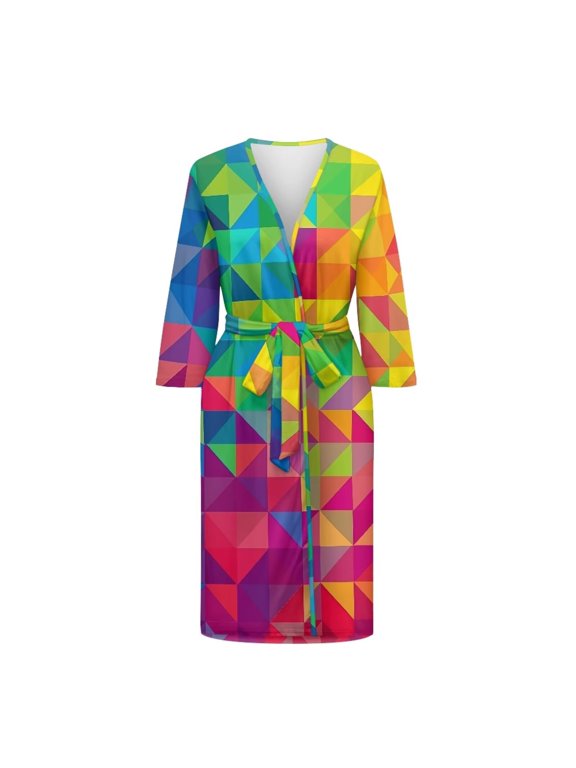 Rainbow Geometry Women Bathrobe Lightweight Loose Fit Nightdress V Neck Nightgowns Skin Friendly Loungewear Nightwear with Adjustable Belt