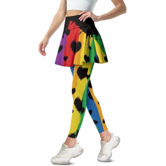 FUIALDOLG Rainbow Love Hearts Athletic Skirts with Leggings for Women Lady Valentines Day Skirted Leggings Breathable Stretchy Tennis Skirt with Leggings Golf Pickleball Clothes,Size 2XL