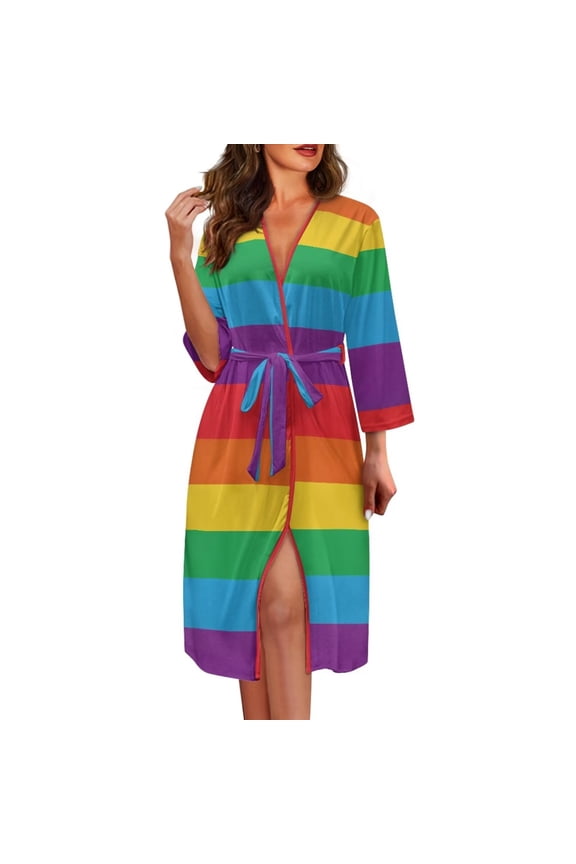 Rainbow Striped Womens Robes Lightweight Long Sleeve Nightgowns V Neck Bathrobe Loose Fit Nightwear for Winter Home Life