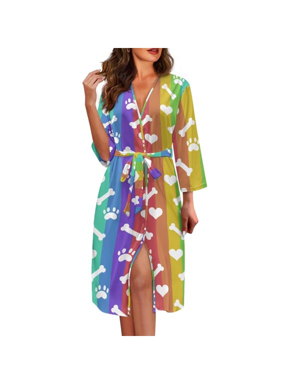 Rainbow Stripes Womens Robes Lightweight Long Sleeve Dog Paw Nightgowns V Neck Bathrobe Loose Fit Nightwear for Winter Home Life