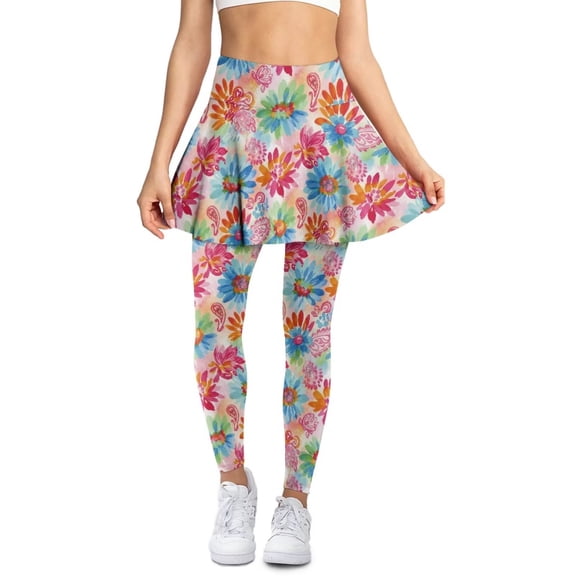 FUIALDOLG Rainbow Tie Dye Floral Skirt with Leggings for Women Flowers Tennis Skirted Legging Active Golf Skorts Gym Workout Trousers,Size L