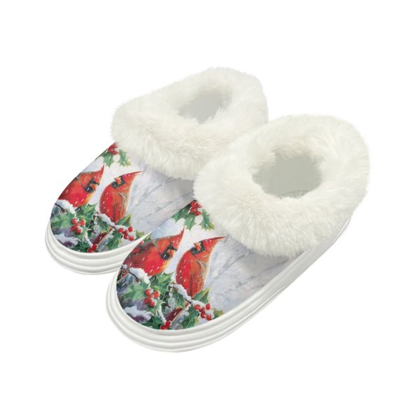 FUIALDOLG Red Cardinal Print Winter House Slippers for Women, Warm Fluffy Fuzzy Slippers, Non-Slip Thick Sole Home House Shoes, Indoor and Outdoor, Size 4-5