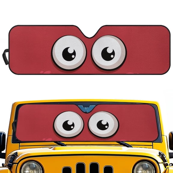FUIALDOLG Red Cartoon Eyes Windshield Sun Shade for Car Off-road Vehicle SUV Truck (52.95x16.14 Inches), Sun Shade Windshield, Shades for Windows, Protector Blocks UV, Funny Car Decor