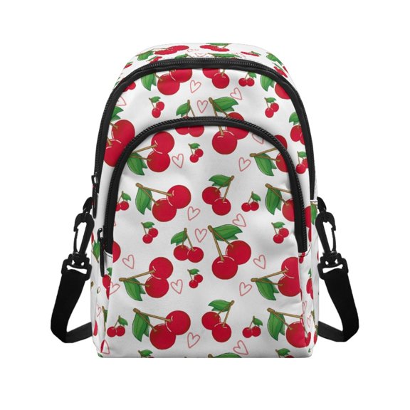 FUIALDOLG Red Cherry Heart Pattern Practical Sling Bag for Travel Hiking Shopping, Polyester 2 Zipper Pockets Cell Phone Crossbody Bag Sleeve