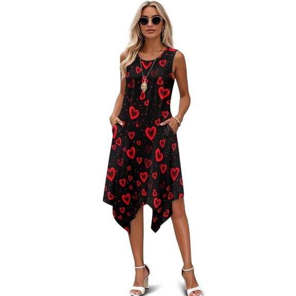 FUIALDOLG Red Love Hearts Pattern Dresses for Women Summer Long Dresses Casual Tiered Sundresses with Pockets Trendy Asymmetric Dress with Pocket Valentines Day Dating Skirt,L