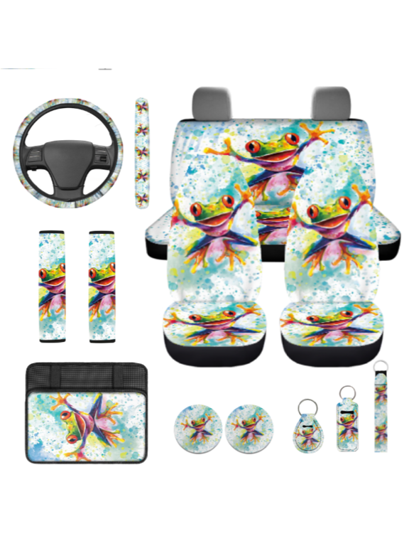 Reduce Damage Auto Accessories, with Steering Wheel Cover Auto Cup Pad Keychain, Watercolor Tree Frog Print Anti-Fade Set of 14 Car Seat Cover Set