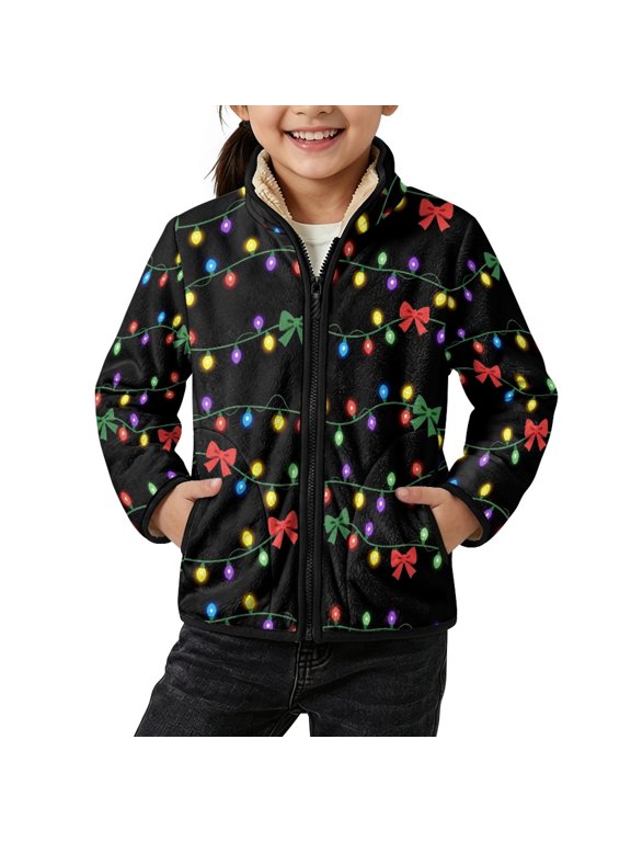 Rigorous Stitching Toddler Boys Girls Fleece Jacket for Fall Party, Christmas String Light Pattern Casual Zip up Fleece Jacket Polyester Coats