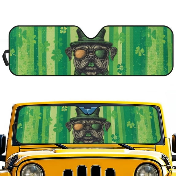 FUIALDOLG Saint Patrick Pug Car Windshield Sun Shade, Universal Car Sunshade for ORV Front Windshield, Blocks Heat and Sun Foldable 52.95x16.14 Inch