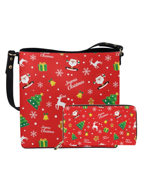 Santa Claus Snowflake Pattern Bucket Bag Tote Purse Set, Bucket Crossbody Bag with Large Capacity Casual Bucket Purse and Wallet Set for Women