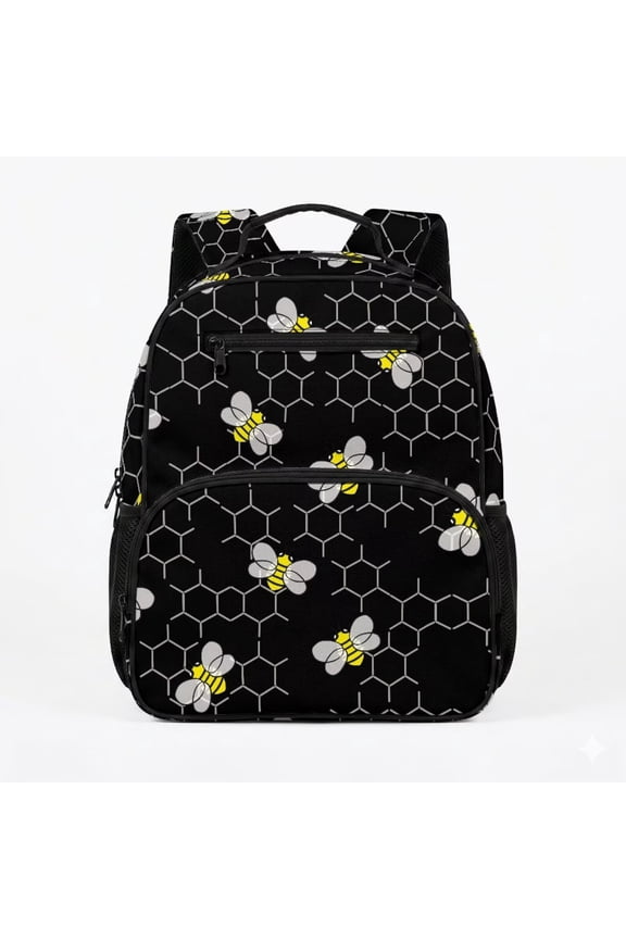 School Bag for Little Girls Age 5-8, 13.5 Inch Bee Insect Print Toddler Preschool Bookbag, Roomy Easy Clean Kids Kindergarten Pack with Zippers