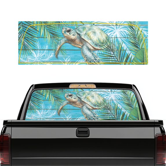 FUIALDOLG Sea Turtle Palm Leaves Truck Rear Window Decals 66.9" x 22.4", Vinyl Decal Fit Most Pickup Trucks, See through for Personalized Decoration