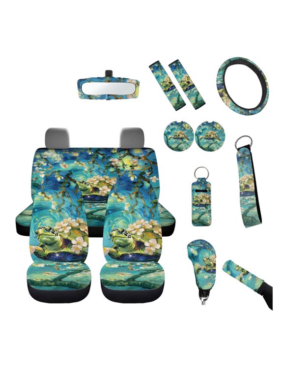 Sea Turtle Vehicles Interior Protection 14Pcs Cherry Blossom Car Front Rear Seat Covers Cushion Steering Wheel Turtle Seatbelt Pad Car Coasters Flower Handbrake Covers Keyring