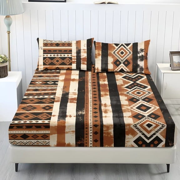 FUIALDOLG Set of 3 Sheets Set Comfy Cooling Soft Indian Native Stripe Bedding Sheet Set Twin Size with Sheets & Pillowcases Wrinkle Resistant All-Season Bedding