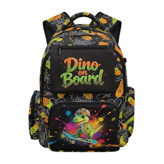 FUIALDOLG Skateboard Dinosaur Graffiti Boys Lightweight Backpack with Padded Shoulder Straps, Multi Pocket Ergonomic 17 Inch Book Bag for Preschool Daily Use