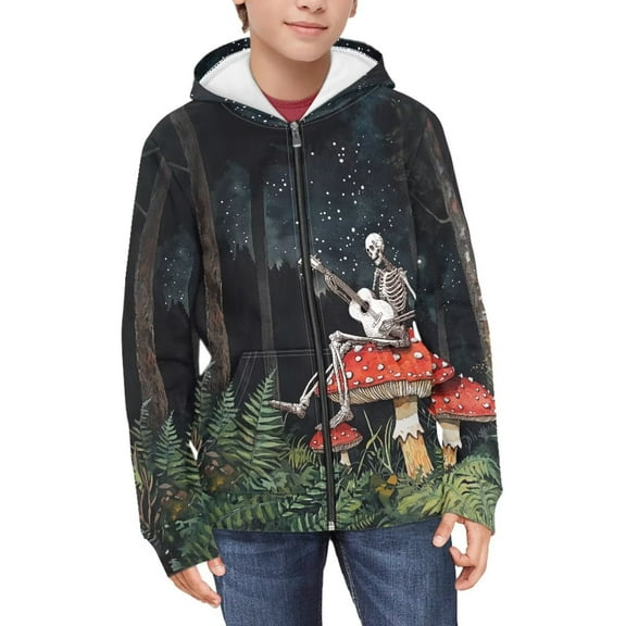 FUIALDOLG Skeleton Mushroom Print Hoodies for Girls Casual Soft Cute Zip Up Hoodie with Pockets Hooded Sweatshirts Kids Warm Jackets Winter Coat 14-16 Years