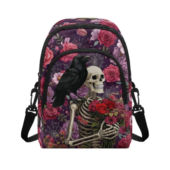 FUIALDOLG Skeleton Raven Floral Print Small Crossbody Wallet for Travel Hiking, 2 Zipper Pockets Sling Bag Polyester Mini Crossbody Bag