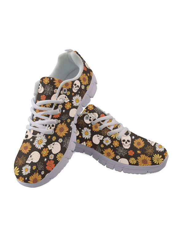 Skull Flower Web Mens Athletic Trainers, Lace Up Lightweight Running Sneakers for Tennis Gym