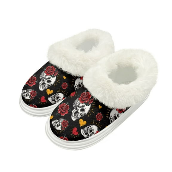 FUIALDOLG Skull Red Rose Print Slippers for Women Modern Style Winter House Slippers Indoor Comfort Thick Sole Bathroom Cozy Gifts, Size 9-10