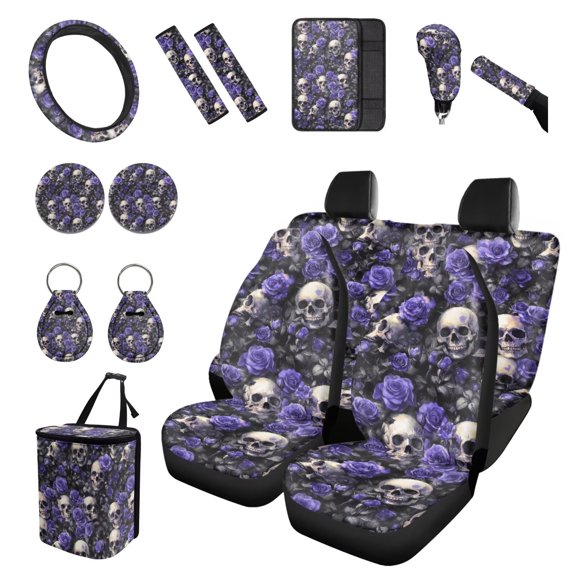 FUIALDOLG Skull Rose Car Seat Cover 15Pcs Full Set Dustproof Auto Front Rear Seats Cushions Sets with Hanging Garbage Can, Coasters, Keychain Car Interior Accessories