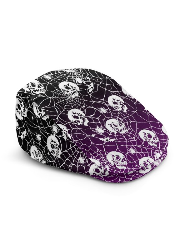 Skull Spider Web Print Soft Newsboy Hat, Lightweight Vintage Polyester Flat Cap for Driving Summer Outdoor