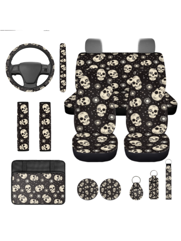 Skull Sun Star Pattern Set of 13 Car Seat Cover Set for Most Cars, Elastic Car Armrest Protective Cover Breathable Car Seat Cover Full Set