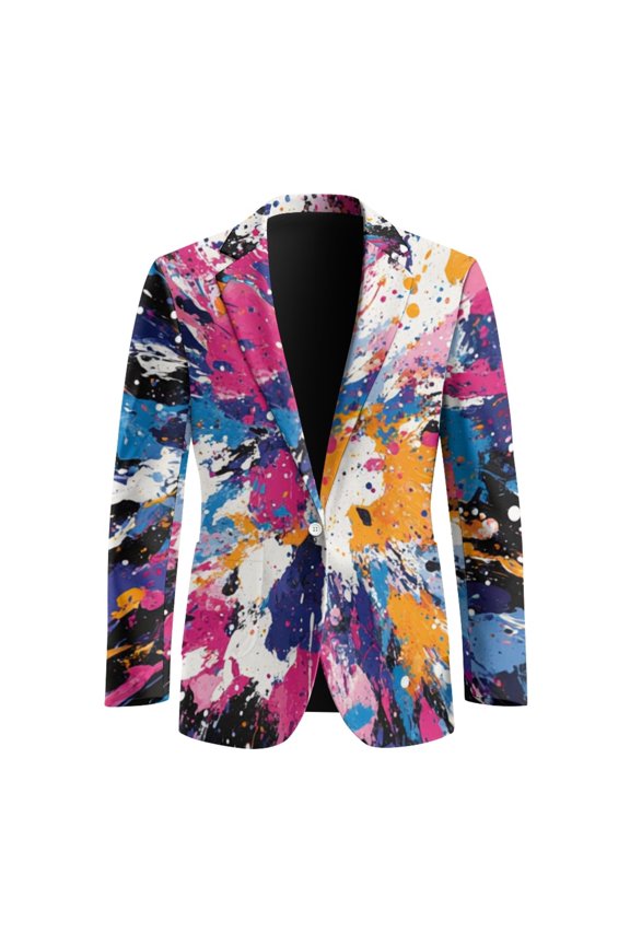 Slim Fit Single Button Blazer for Business and Events, Polyester Breathable Mens Blazer Suit Jacket with Paint Splatter Pattern