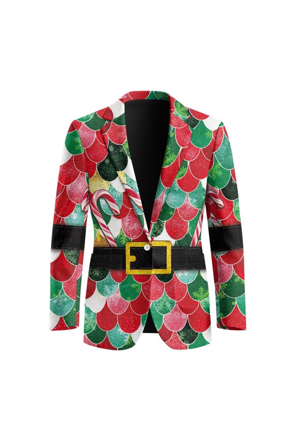 Slim Fit Suit Separates Coat, Christmas Elf Scale Pattern Polyester Classic Fit Mens Blazer for Prom Summer